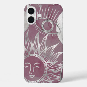 Solar Mystique   Pink Silver Moon Stars Sun Eyes iPhone 16 Plus Case