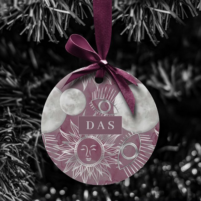 Solar Mystique | Pink Silver Moon Stars Sun Eyes Ceramic Ornament (Creator Uploaded)