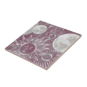 Solar Mystique Pink Silver Moon Stars Sun Eyes Ceramic Tile