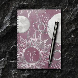 Solar Mystique Pink Silver Moon Stars Sun Eyes Notebook