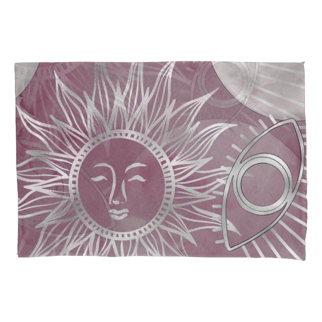 Solar Mystique | Pink Silver Moon Stars Sun Eyes Pillowcase (Front)