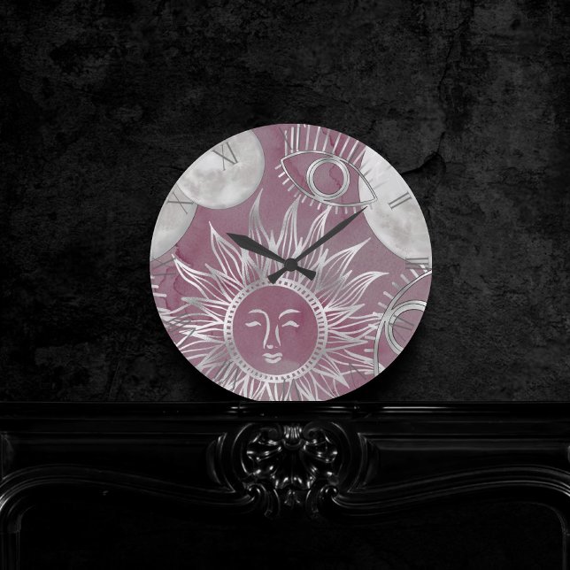 Solar Mystique | Pink Silver Moon Stars Sun Eyes Round Clock (Creator Uploaded)