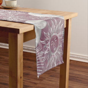 Solar Mystique Pink Silver Moon Stars Sun Eyes Short Table Runner