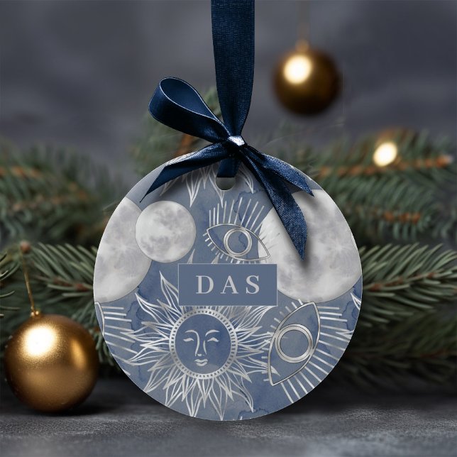 Solar Mystique | Silver Moon Stars Sun Monogram Ceramic Ornament (Creator Uploaded)