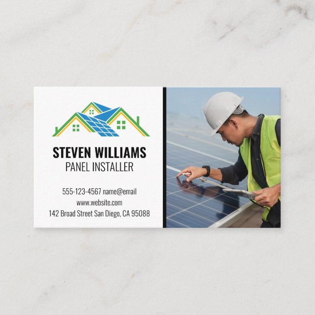 Solar Panel Engineer Inspecting | Home Energy Logo Business Card (Front)