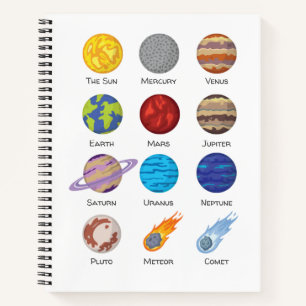 Solar system, Cartoon drawing of the planets white Notebook