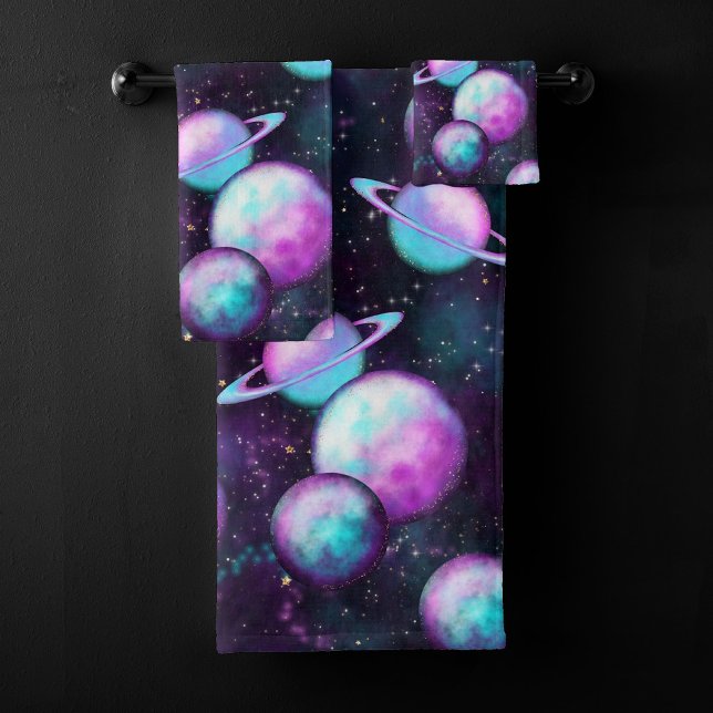 Solar System Glow | Cosmic Blue Purple Pink Planet Bath Towel Set (Creator Uploaded)