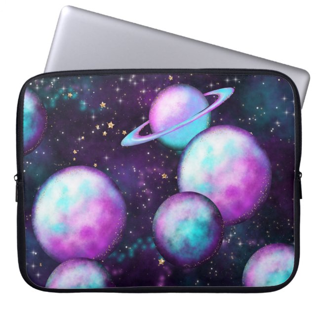 Solar System Glow | Cosmic Blue Purple Pink Planet Laptop Sleeve (Front)