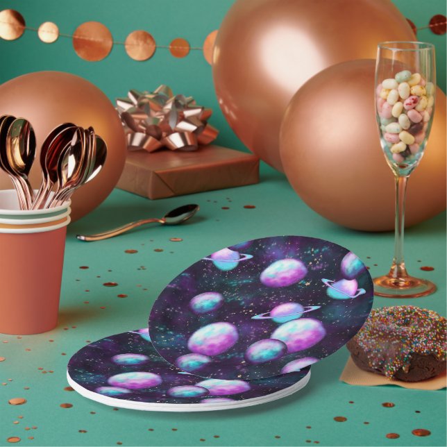 Solar System Glow | Cosmic Blue Purple Pink Planet Paper Plate (Multi)