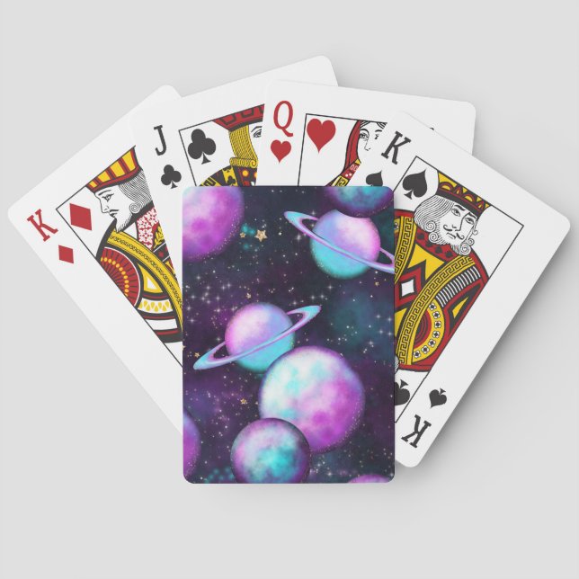 Solar System Glow | Cosmic Blue Purple Pink Planet Playing Cards (Back)