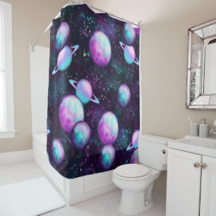 Solar System Glow   Cosmic Blue Purple Pink Planet Shower Curtain