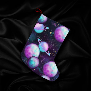 Solar System Glow   Cosmic Blue Purple Pink Planet Small Christmas Stocking