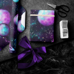 Solar System Glow   Cosmic Blue Purple Pink Planet Wrapping Paper