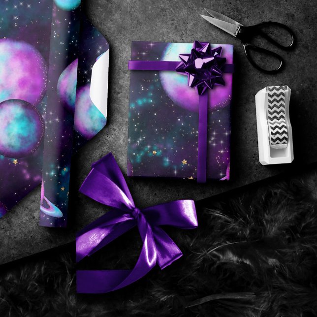 Solar System Glow | Cosmic Blue Purple Pink Planet Wrapping Paper (Creator Uploaded)
