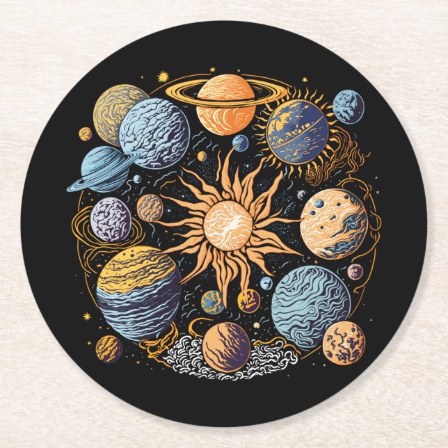 Solar System Illustration Round Paper Coaster (Front)