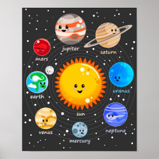 Solar system kawaii illustration sun and planets poster