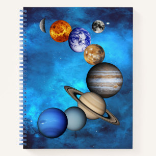 Solar System- Our Planets On  Deep Blue Starry Sky Notebook