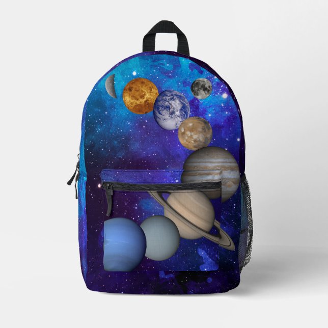 Solar System- Our Planets On Deep Blue Starry Sky  Printed Backpack (Front)