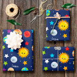 Solar System Pattern for Kids Birthday Party Wrapping Paper Sheet<br><div class="desc">Celebrate the solar system with these custom cheerful outer space themed birthday party wrapping paper sheets. Gift wrap has a happy sun, happy planets (Mercury, Venus, Earth, Mars, Jupiter, Saturn, Uranus, and Neptune), as well as happy dwarf planet Pluto, asteroids, and stars. Personalise the wrapping paper sheet set with your...</div>