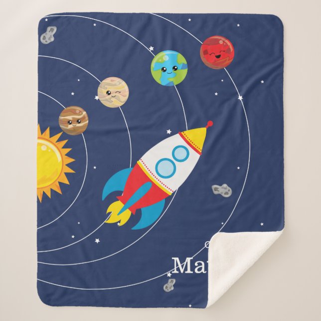 Solar System Planets Rocketship Space Astronaut Sherpa Blanket (Front)