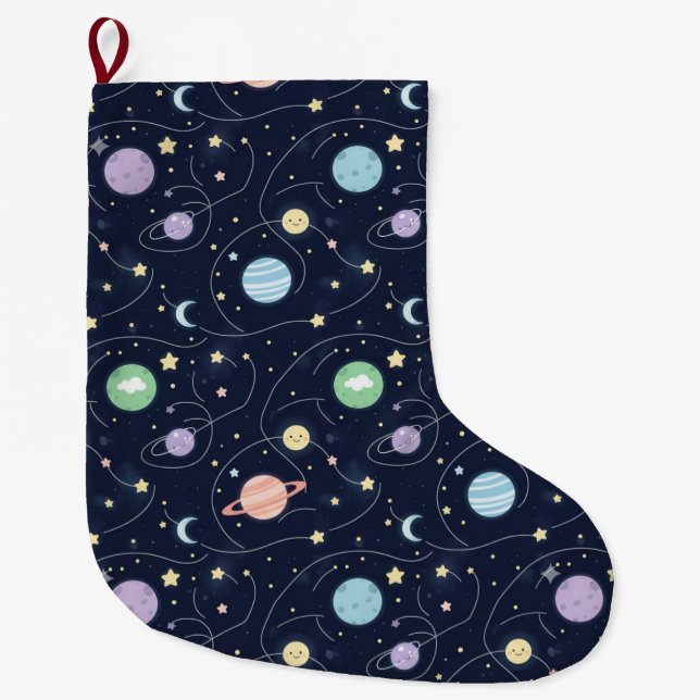 Solar System Planets Seamless Pattern Large Christmas Stocking (Front)