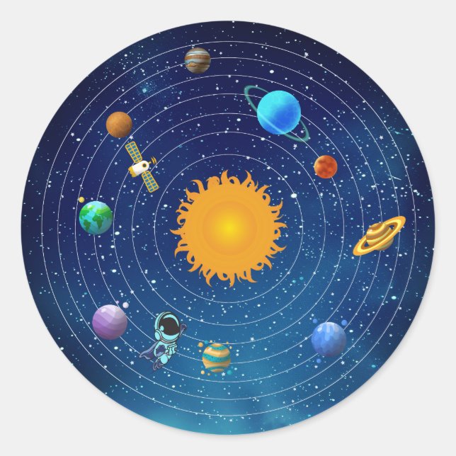 Solar System Planets with Sun & Astronaut  Classic Round Sticker (Front)