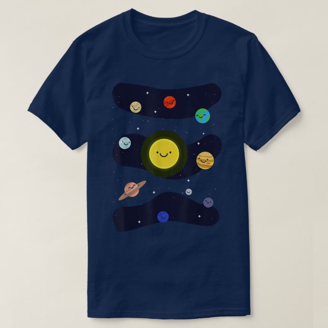 Solar System with Stars and Smiling Planets  T-Shirt (Design Front)