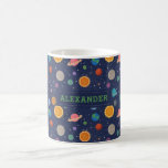 Solar System with Sun and Planets Personalised Coffee Mug<br><div class="desc">A fun and modern solar system pattern with colourful planet,  star and sun illustrations against a dark blue background. This design can be personalised with a name or monogrammed with initials.</div>
