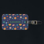 Solar System with Sun and Planets Personalised Luggage Tag<br><div class="desc">A fun and modern solar system pattern with colourful planet,  star and sun illustrations against a dark blue background. This design can be personalised with a name or monogrammed with initials.</div>