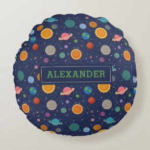 Solar System with Sun and Planets Personalised Round Cushion