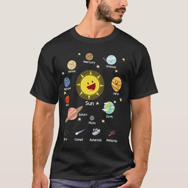 Solar System with Sun, Planets, Comets and Earth T-Shirt (Front)