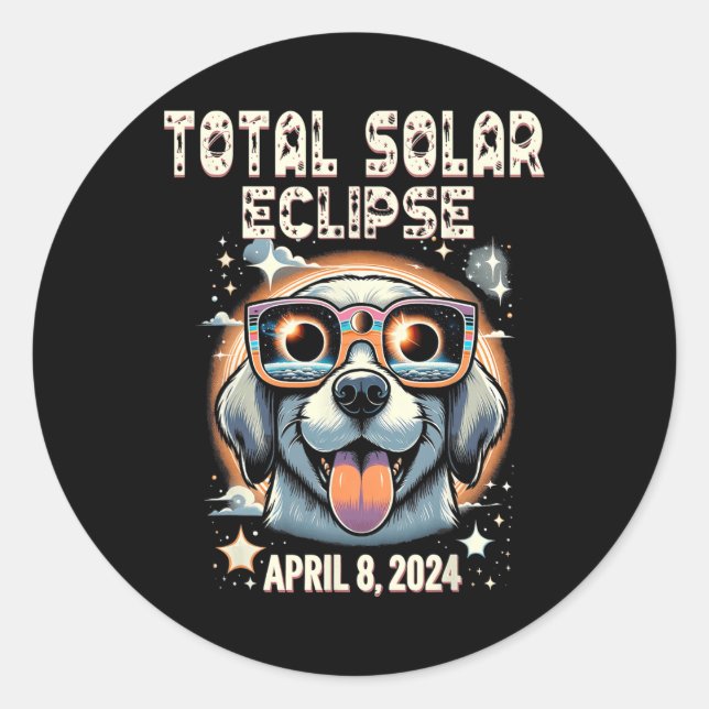 Solar Total Eclipse Dog Wearing Solar Eclipse Gles Classic Round Sticker (Front)