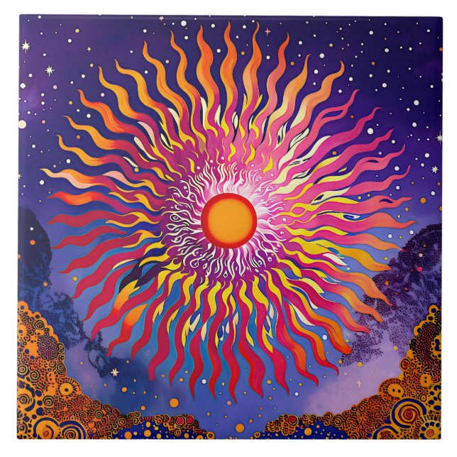 “Solar Whispers in the Sky” The Sun Ceramic Tile (Front)