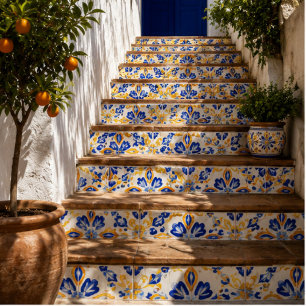 Solara Bloom Hand-Painted Sapphire and Amber Ceramic Tile