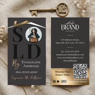 Sold Luxury Home Real Estate Agent Black Gold QR Business Card