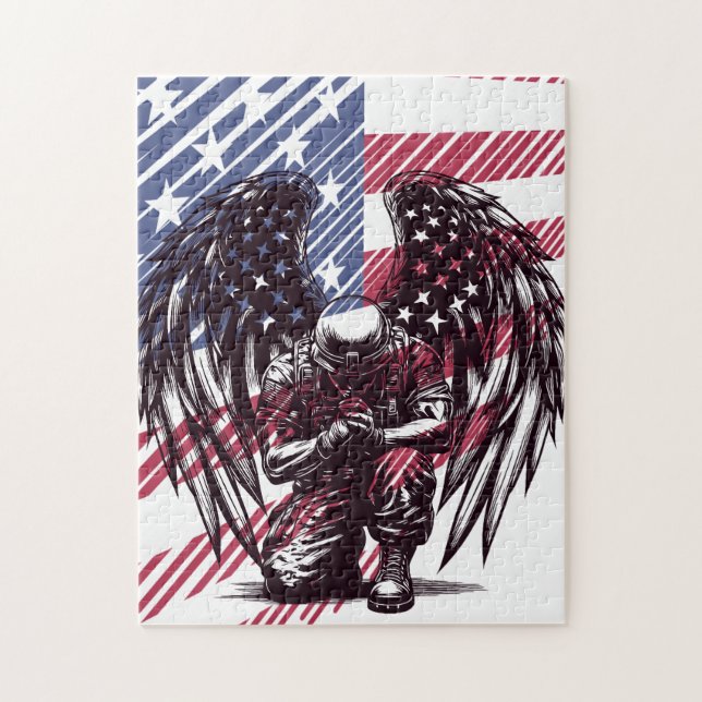 Soldier Angel Praying American USA Flag Art Jigsaw Puzzle (Vertical)