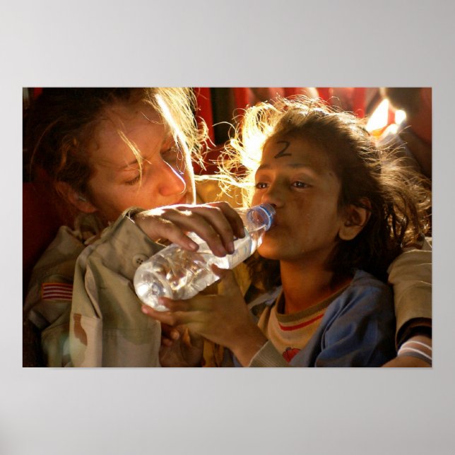Soldier Helping a Refugee Child Poster (Front)