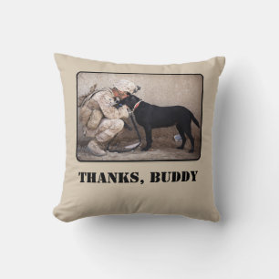 Soldier in Fatigues with His Military Dog Cushion