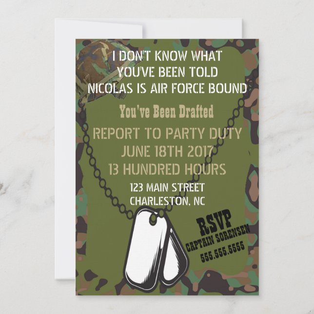 Soldier Joe Camouflage Celebration Party Invitation (Back)