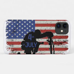 Soldier kneeling silhouette and American flag iPhone 11 Case