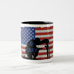 Soldier kneeling silhouette and American flag Two-Tone Coffee Mug