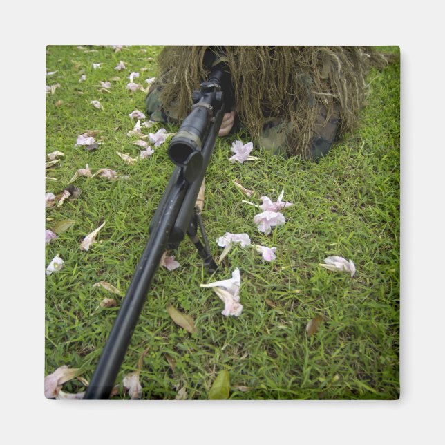 Soldier practices sniper tactics magnet (Front)