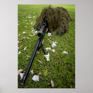Soldier practices sniper tactics poster