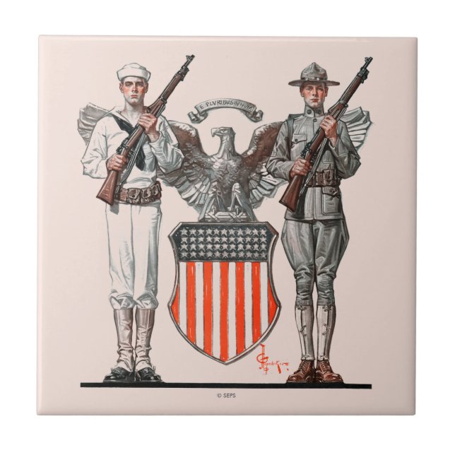 Soldier, Sailor and U.S. Shield Ceramic Tile (Front)