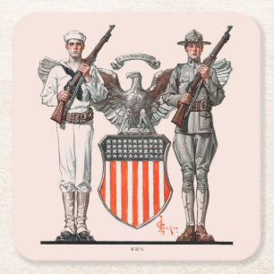Soldier, Sailor and U.S. Shield Square Paper Coaster