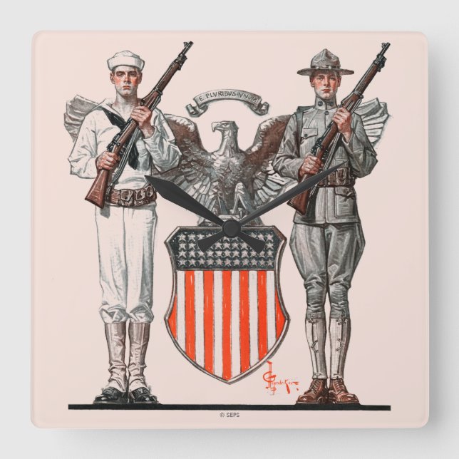 Soldier, Sailor and U.S. Shield Square Wall Clock (Front)