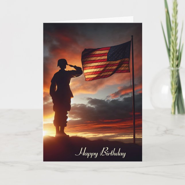 Soldier Saluting Flag for Veteran's Birthday  Card (Front)