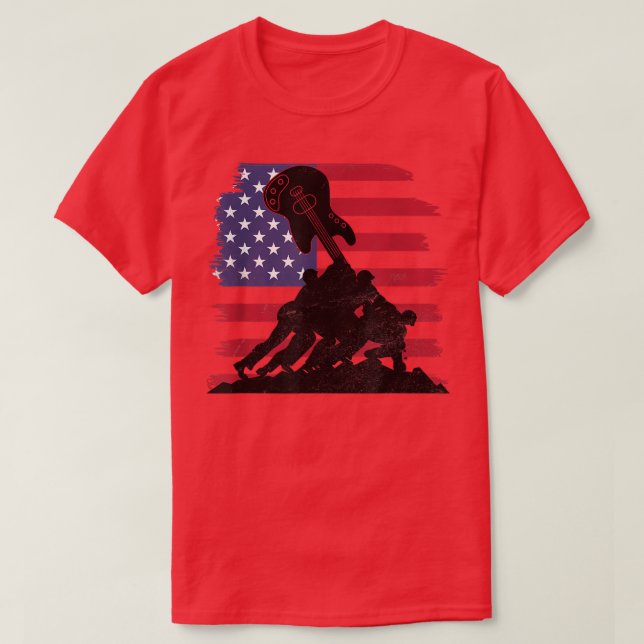 Soldier Veteran raise flag on patriotic guitar bas T-Shirt (Design Front)