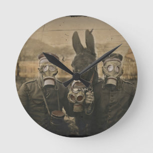 Soldiers Donkey and Gas Masks Round Clock
