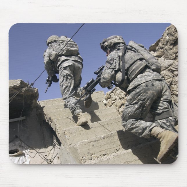 Soldiers running up staircase of a building mouse pad (Front)